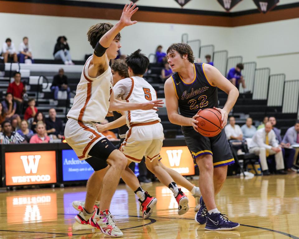 Anderson's Fred Dale, left, wo starred as the school's quarterback during football season, looks for a passing lane against Westwood on Tuesday at Westwood High School in Class 6A nondistrict play. Back in Class 6A, Anderson lost 48-44 to the Warriors.