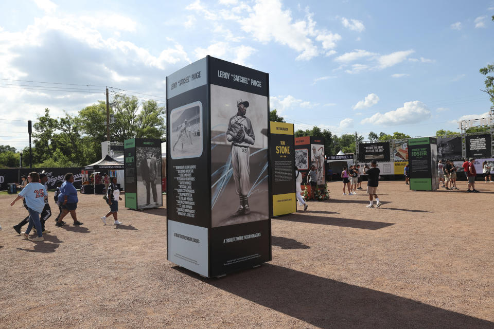 A tribute Satchel Paige is seen outside Rickwood Stadium before the start of a baseball game between the St. Louis Cardinals and the San Francisco Giants Thursday, June 20, 2024, in Birmingham, Ala. (AP Photo/Vasha Hunt)