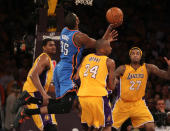 LOS ANGELES, CA - MAY 19: Kevin Durant #35 of the Oklahoma City Thunder goes up for a shot against Kobe Bryant #24 of the Los Angeles Lakers in the first quarter in Game Four of the Western Conference Semifinals in the 2012 NBA Playoffs on May 19 at Staples Center in Los Angeles, California. NOTE TO USER: User expressly acknowledges and agrees that, by downloading and or using this photograph, User is consenting to the terms and conditions of the Getty Images License Agreement. (Photo by Stephen Dunn/Getty Images)