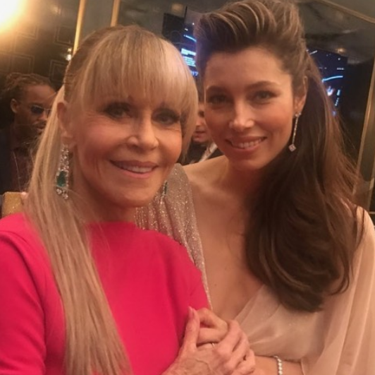 <p>Girl power! “Be still, my activist feminist icon worshipping heart,” the<em> Sinner</em> star fan-girled over Hollywood icon Jane Fonda, 79, who slayed with a long ponytail and a bright-pink gown. (Photo: <a rel="nofollow noopener" href="https://www.instagram.com/p/BZKjZ8lldYb/?taken-by=jessicabiel" target="_blank" data-ylk="slk:Jessica Biel via Instagram;elm:context_link;itc:0;sec:content-canvas" class="link ">Jessica Biel via Instagram</a>) </p>