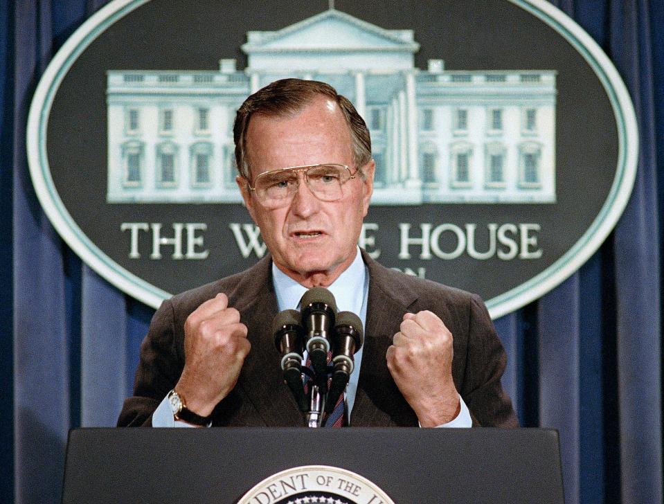 In this June 5, 1989 file photo, U.S. President George H.W. Bush holds a news conference at the White House in Washington where he condemned the Chinese crackdown on pro-democracy demonstrators in Beijing's Tiananmen Square.