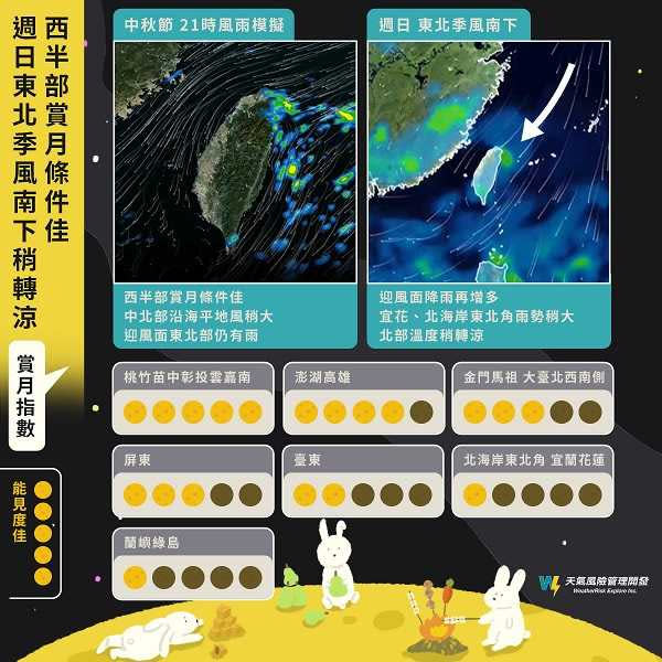 全台賞月能見度一覽。（圖／翻攝自天氣風險 WeatherRisk臉書）