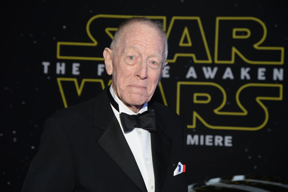 LOS ANGELES, CA - DECEMBER 14:  Actor Max von Sydow arrives at the premiere of Walt Disney Pictures' and Lucasfilm's "Star Wars: The Force Awakens", sponsored by Dodge, at the Dolby Theatre, TCL Chinese Theatre and El Capitan Theatre on December 14, 2015 in Hollywood, California.  (Photo by Michael Kovac/Getty Images for Dodge)