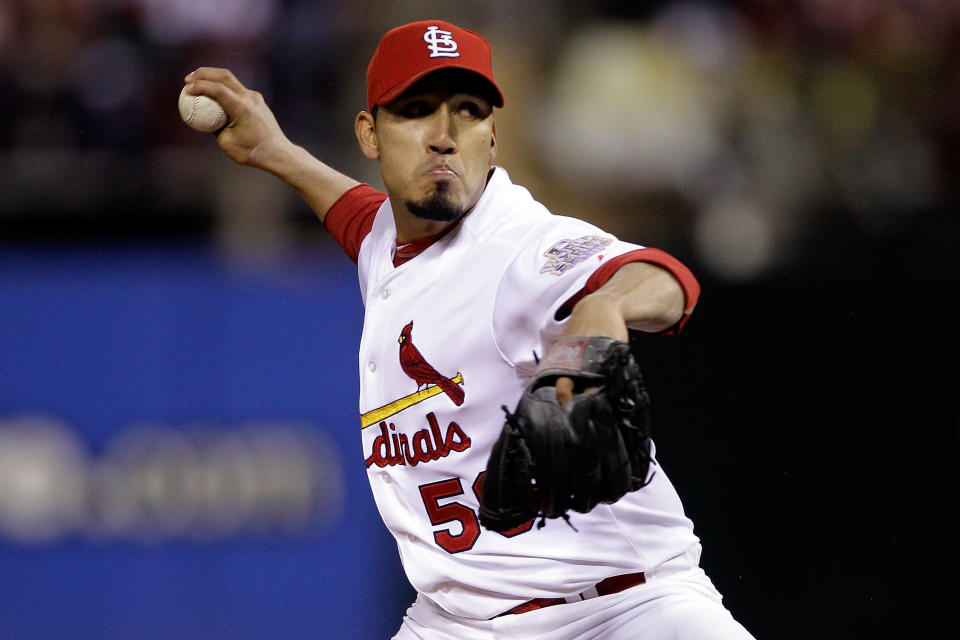 ST LOUIS, MO - OCTOBER 19: Fernando Salas #59 of the St. Louis Cardinals pitches in the top of the seventh inning during Game One of the MLB World Series against the Texas Rangers at Busch Stadium on October 19, 2011 in St Louis, Missouri. (Photo by Rob Carr/Getty Images)
