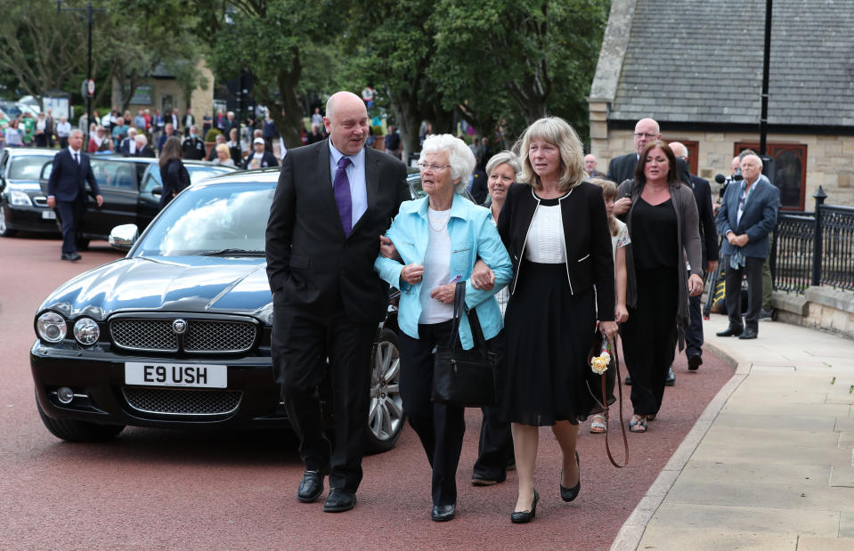 Wife Pat (centre) outside West Road Crematorium, in Newcastle arriving for the funeral of Jack Charlton. The former Republic of Ireland manager, who won the World Cup playing for England, died on July 10 aged 85.