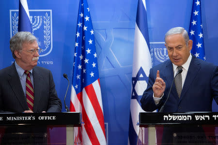 Israeli Prime Minister Benjamin Netanyahu speaks during his meeting with U.S. National Security Adviser John Bolton at the Prime Minister's office in Jerusalem August 20, 2018. Sebastian Scheiner /Pool via Reuters *** Local Caption ***