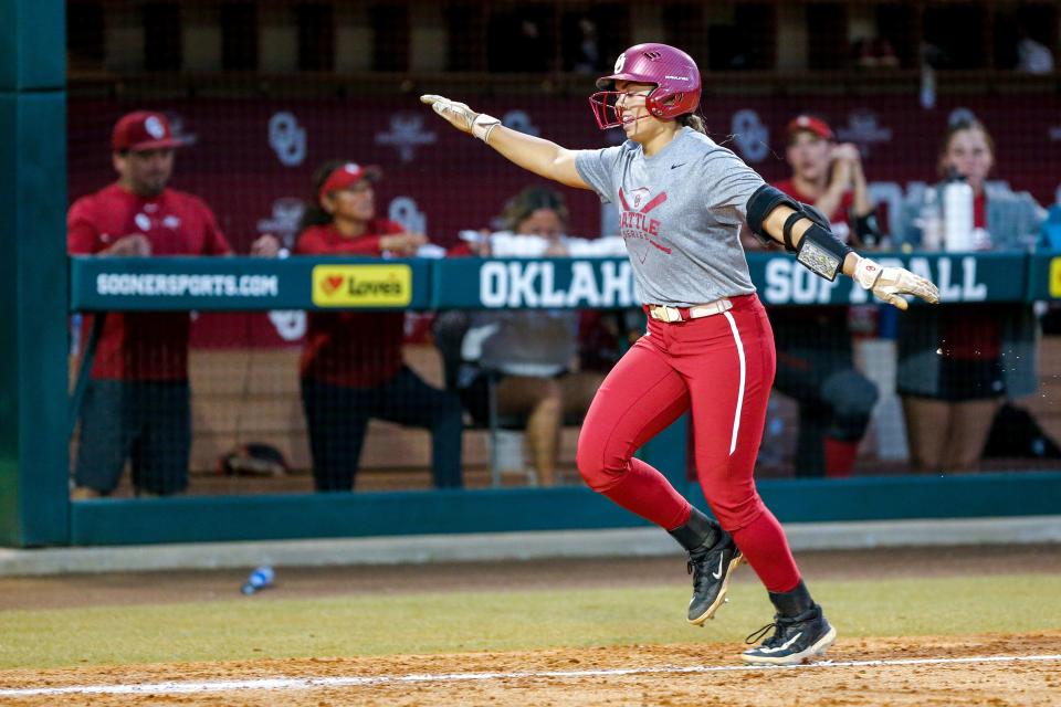 Oklahoma Alyssa Brito (33) hits a home run during a University of Oklahoma (OU) softball scrimmage at Marita Hynes Field in Norman, Okla., on Wednesday, Oct. 11, 2023.