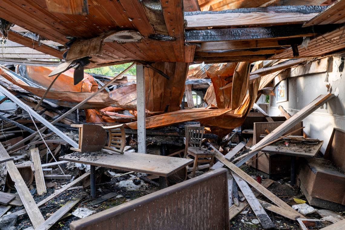 The remnants of the famed Ella’s Restaurant, destroyed by a fire in 2023. In recent weeks the debris has been cleared as the family works to rebuild the historic restaurant. Photographed on Wednesday, July 12, 2024 in Calabash, N.C.