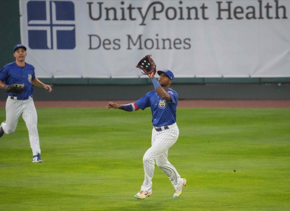 Iowa Cubs right fielder Alexander Canario makes a catch for an out against St. Paul during a MiLB baseball game on Tuesday, Aug. 23, 2022, at Principal Park in Des Moines.