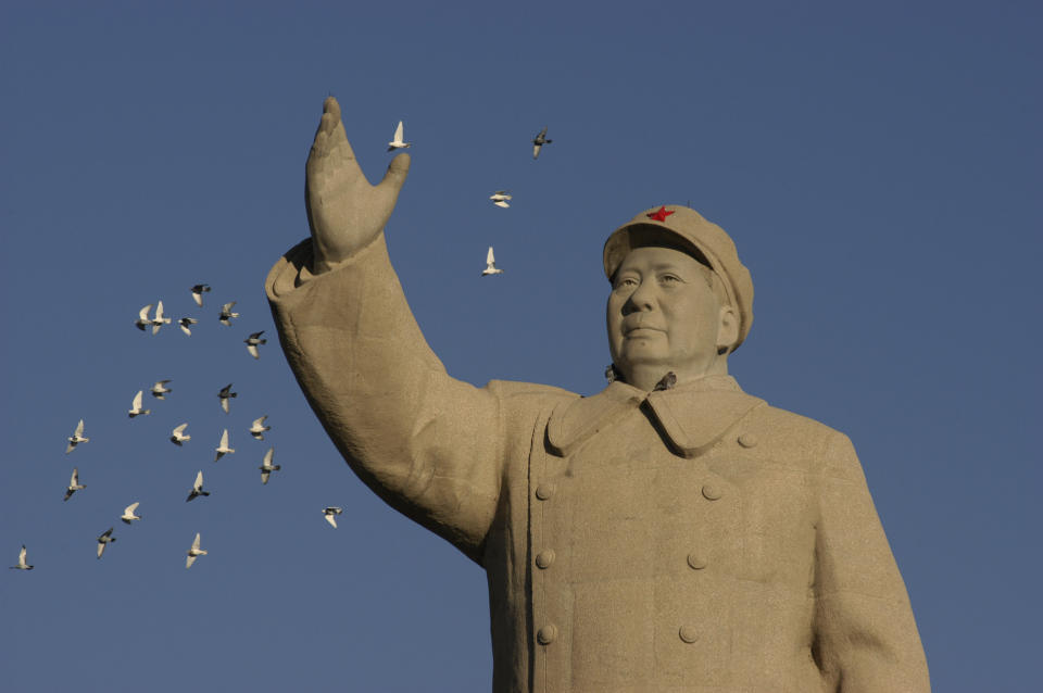 pigeons flying closeby Mao Zedong statue in Renmin Square. Kashgar (Kashi). Xinjiang Uyghur Autonomous Region. China.