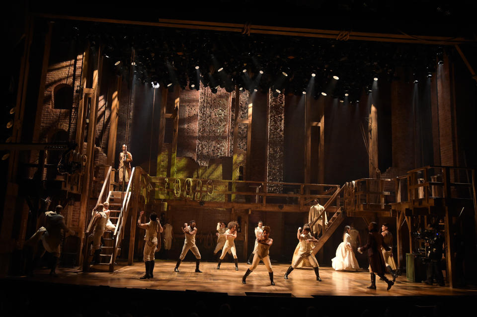 NEW YORK, NY - FEBRUARY 15:  Cast of 'Hamilton' performs on stage during 'Hamilton' GRAMMY performance for The 58th GRAMMY Awards at Richard Rodgers Theater on February 15, 2016 in New York City.  (Photo by Theo Wargo/WireImage)