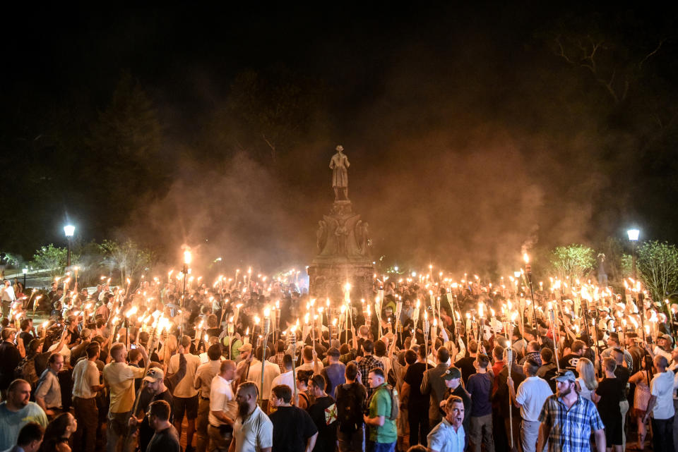 White nationalists participate in a torch-lit march on the grounds of the University of Virginia ahead of the Unite the Right rally in Charlottesville, Aug. 11, 2017. (Stephanie Keith/Reuters)