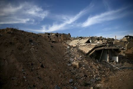 Damaged buildings are pictured in the rebel-controlled area of Jobar, a suburb of Damascus, Syria March 23, 2016. REUTERS/Bassam Khabieh