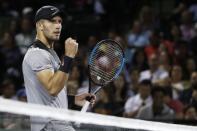 Mar 29, 2018; Key Biscayne, FL, USA; Borna Coric of Croatia gestures after winning a point against Alexander Zverev of Germany (not pictured) on day ten of the Miami Open at Tennis Center at Crandon Park. Mandatory Credit: Geoff Burke-USA TODAY Sports