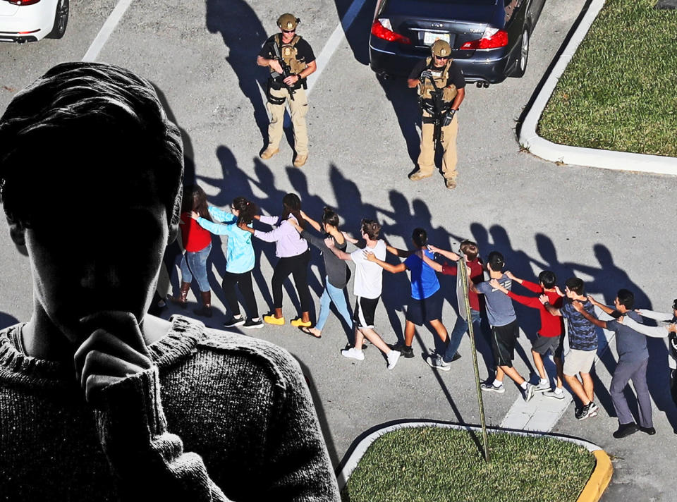 Students are evacuated at Marjory Stoneman Douglas High School in Parkland, Fla., on Wednesday. (Photo illustration: Yahoo Lifestyle; photos: Getty Images)