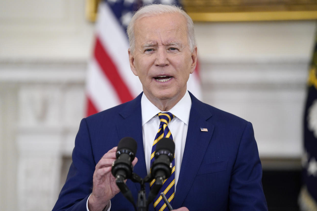 President Joe Biden speaks about reaching 300 million COVID-19 vaccination shots, in the State Dining Room of the White House, Friday, June 18, 2021, in Washington. (Evan Vucci/AP)