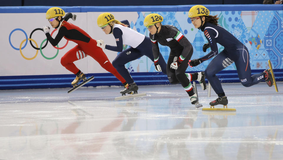 From left, Li Jianrou of China, Elise Christie of Britain, Arianna Fontana of Italy and Park Seung-hi of South Korea start in a women's 500m short track speedskating final at the Iceberg Skating Palace during the 2014 Winter Olympics, Thursday, Feb. 13, 2014, in Sochi, Russia. (AP Photo/Vadim Ghirda)