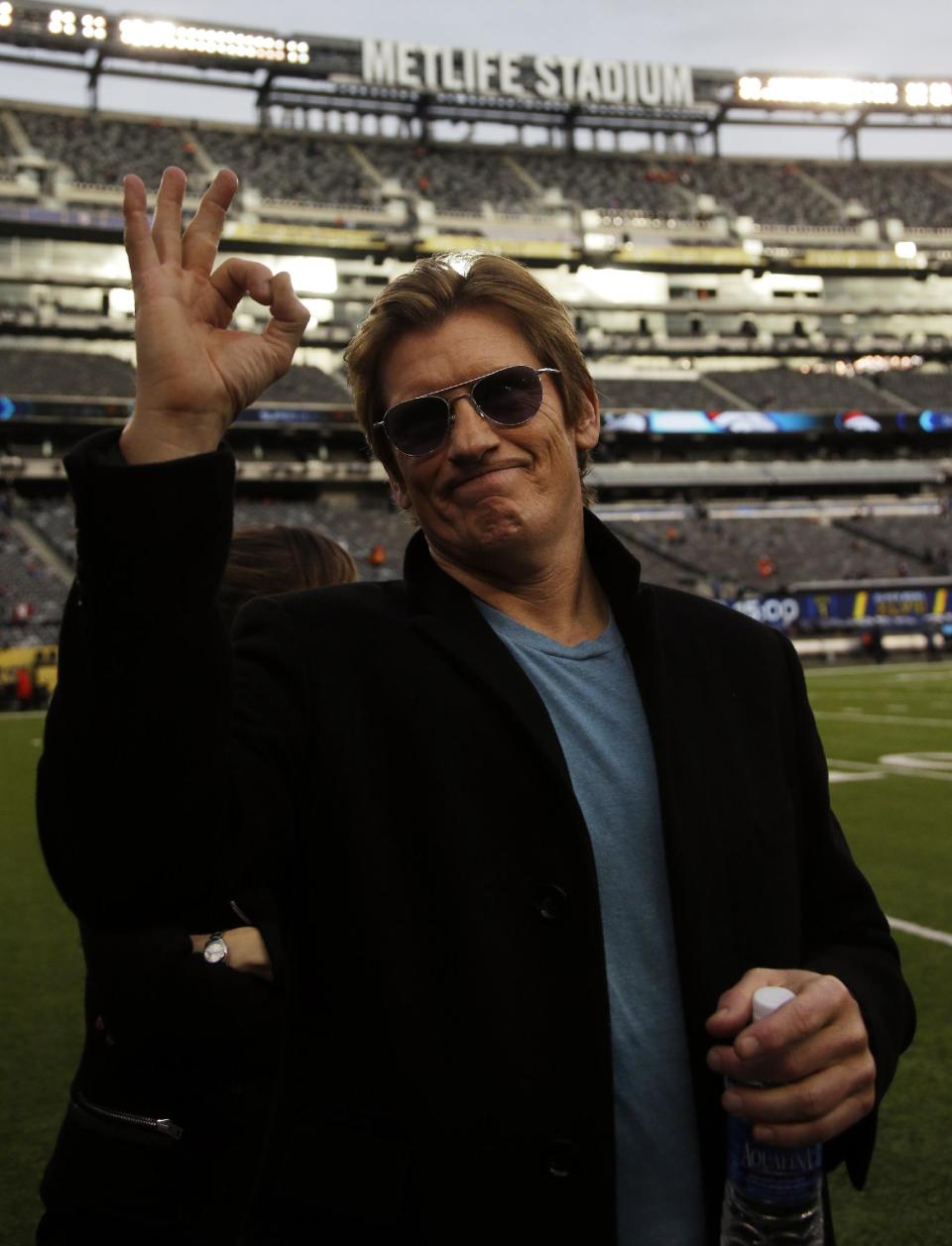 Actor Denis Leary poses on the field before the NFL Super Bowl XLVIII football game between the Seattle Seahawks and the Denver Broncos, Sunday, Feb. 2, 2014, in East Rutherford, N.J. (AP Photo/Matt Slocum)