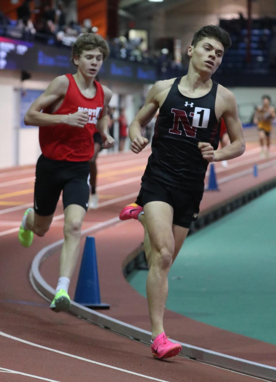 Nyack's Matthew Schutzbank won the Rockland County1600-meter run and North Rockland's Ryan Tuohy was second at the Rockland and Northern Counties track and field championships at the Armory Jan. 26, 2024.