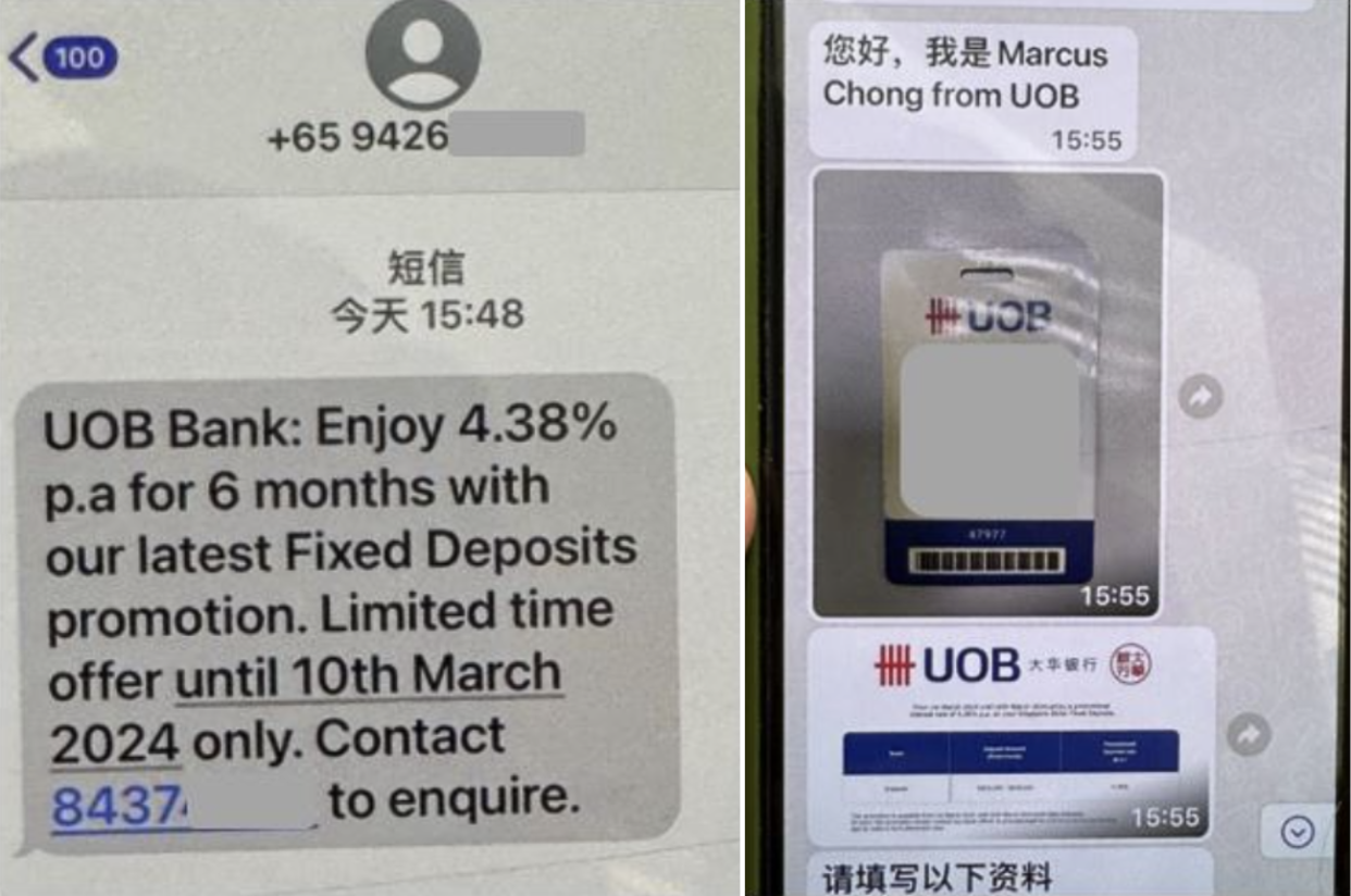 Screenshot of SMS received by victim (left) and scammer impersonating as a bank officer (Photos: SPF) 