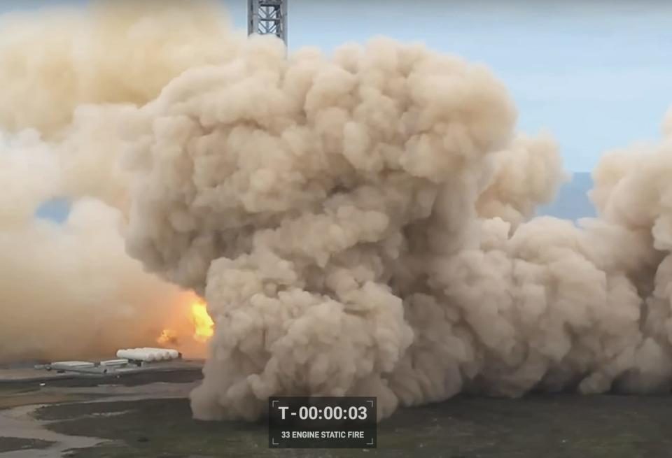 SpaceX's Super Heavy booster on the launchpad at the Starbase facility.