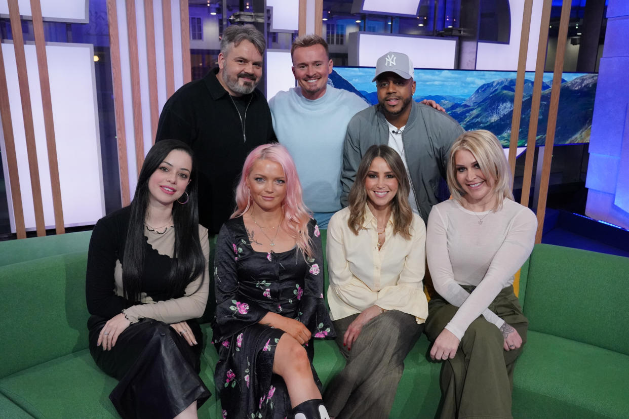 Tina Barrett, Paul Cattermole, Hannah Spearritt, Jon Lee, Rachel Stevens, Bradley McIntosh and Jo O'Meara, of S Club 7 during filming for The One Show in London, after announcing they are reuniting for a UK tour later this year in celebration of their 25th anniversary. (Photo by Jonathan Brady/PA Images via Getty Images)