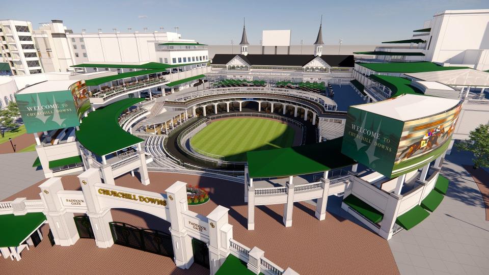 A rendering of the redeveloped Churchill Downs paddock, a project officials hope is finished before the 2024 Kentucky Derby. April 27, 2022