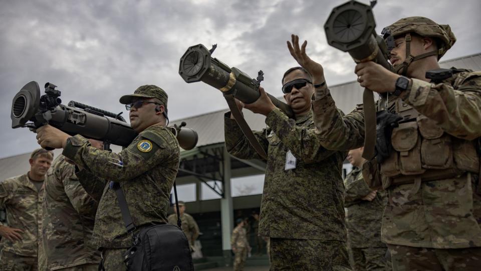 U.S. and Philippine troops take part in weapons training during the Balikatan exercise on April 13, 2023. More than 17,000 Philippine and U.S. soldiers started their largest joint military exercise yet, known as Balikatan. (Ezra Acayan/Getty Images)