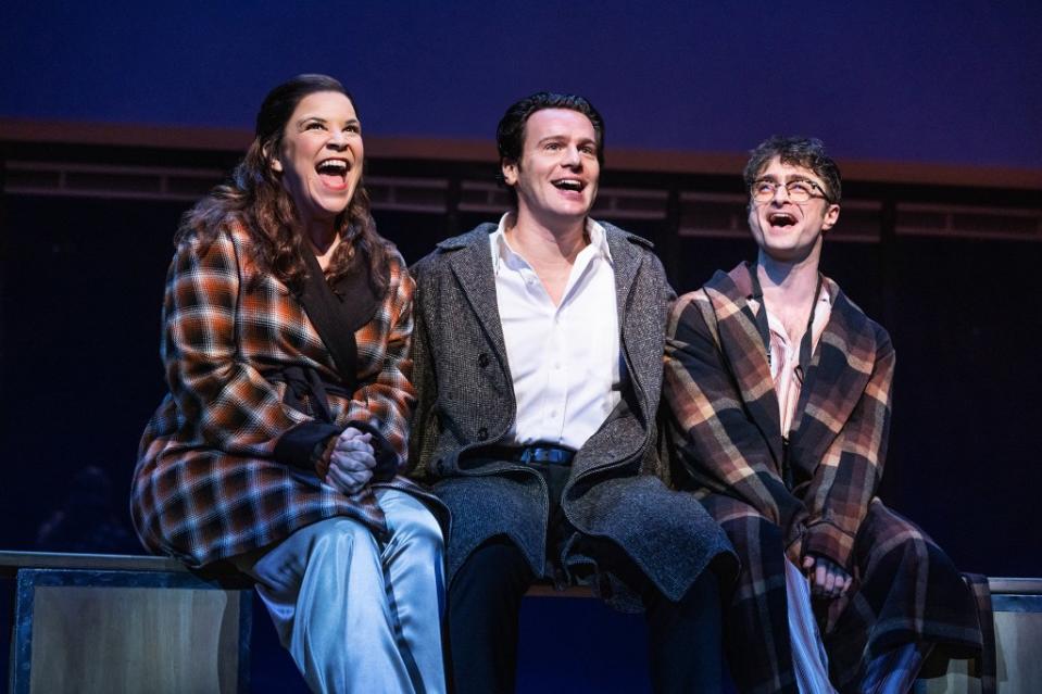 Mendez, Groff and Radcliffe onstage in a scene from “Merrily We Roll Along.” Matthew Murphy (murphymade)