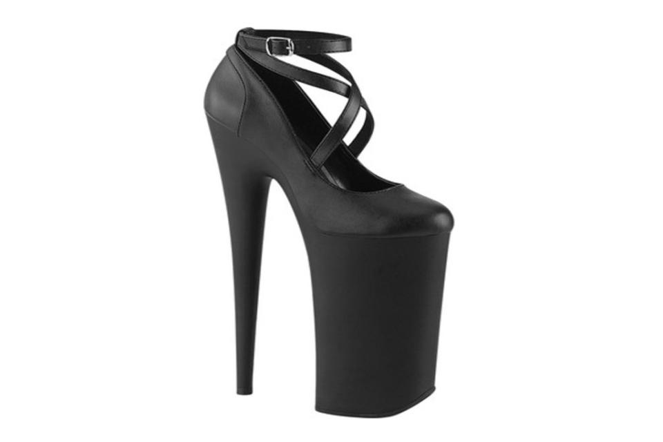 black pleasers, lady gaga pleasures, leather 9 inch heels 