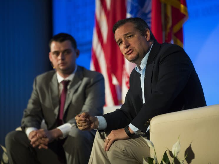 Sen. Ted Cruz, right, with moderator Dan Caldwell, director of Concerned Veterans of America, holds a town hall meeting to address veteran’s and health care issues in Austin, Texas. (Photo: Erich Schlegel/Getty Images)