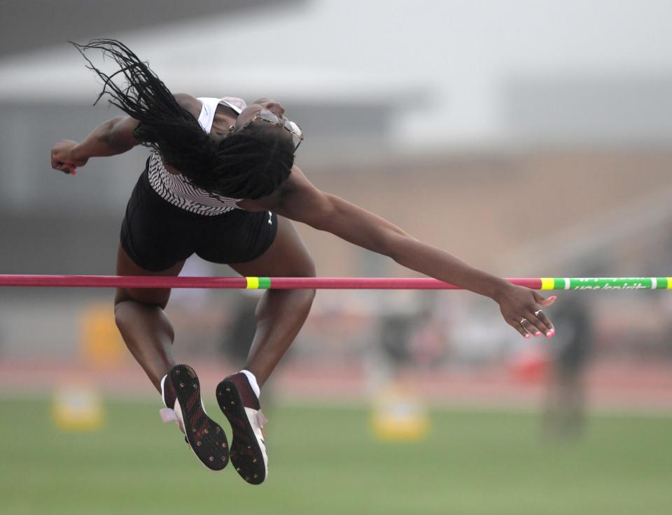 Lubbock-Cooper's Niomi Wines competes in high jump during the Class 5A UIL State track and field meet, Friday, May 3, 2024, at Mike A. Myers Stadium in Austin.
