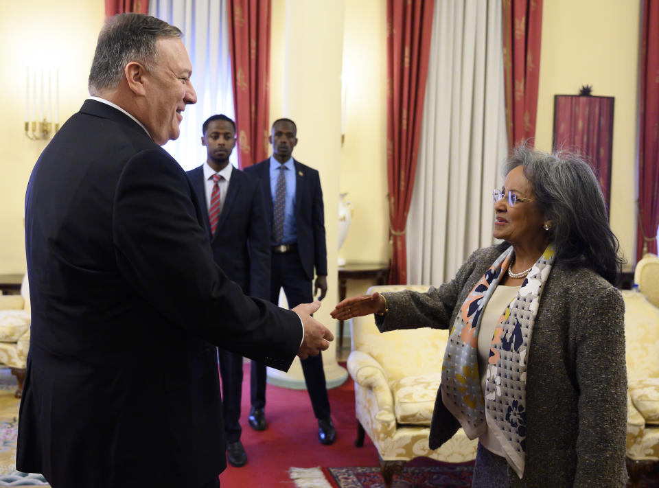 US Secretary of State Mike Pompeo, left, meets with meets with with Ethiopian President Sahle-Work Zewde at the Presidential Palace in Addis Ababa, Tuesday Feb. 18, 2020. Pompeo's visit to Africa is the first by a Cabinet official in 18 months. (Andrew Caballero-Reynolds/Pool via AP)