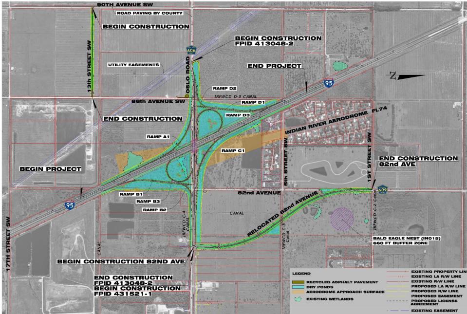 Creating on and off ramps for a new Interstate 95 interchange will require rerouting traffic to Oslo Road from 82nd and 86th avenues, according to the Florida Department of Transportation. This image depicts the project, expected to begin in 2023 and last three years.