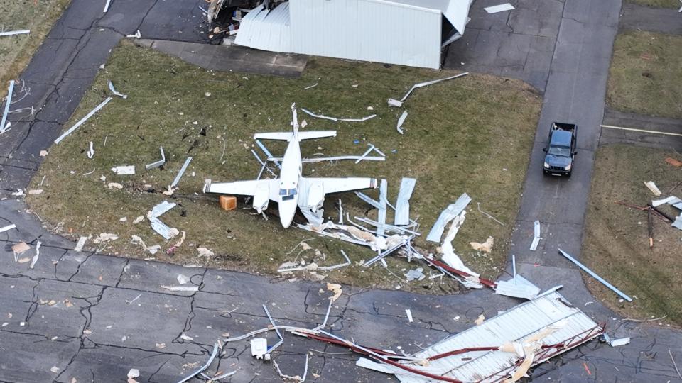 A hangar was destroyed and airplanes damaged at the Madison County Airport after a tornado touched down in the pre-dawn hours Feb. 28, 2024.