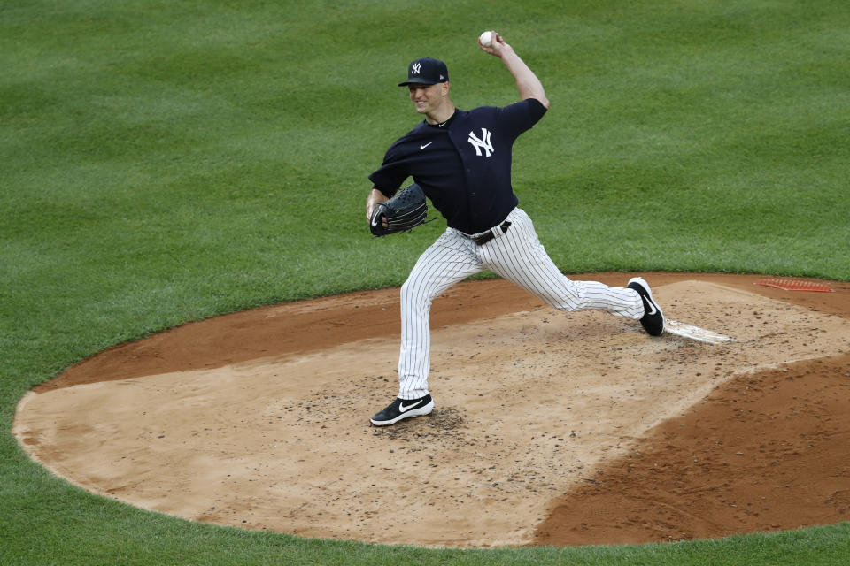 New York Yankees starting pitcher J.A. Happ delivers during an intrasquad baseball game Monday, July 6, 2020, at Yankee Stadium in New York. (AP Photo/Kathy Willens)