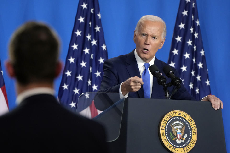 President Joe Biden talks about children dying from gun violence as he speaks at a news conference Thursday July 11, 2024, on the final day of the NATO summit in Washington. (AP Photo/Jacquelyn Martin)