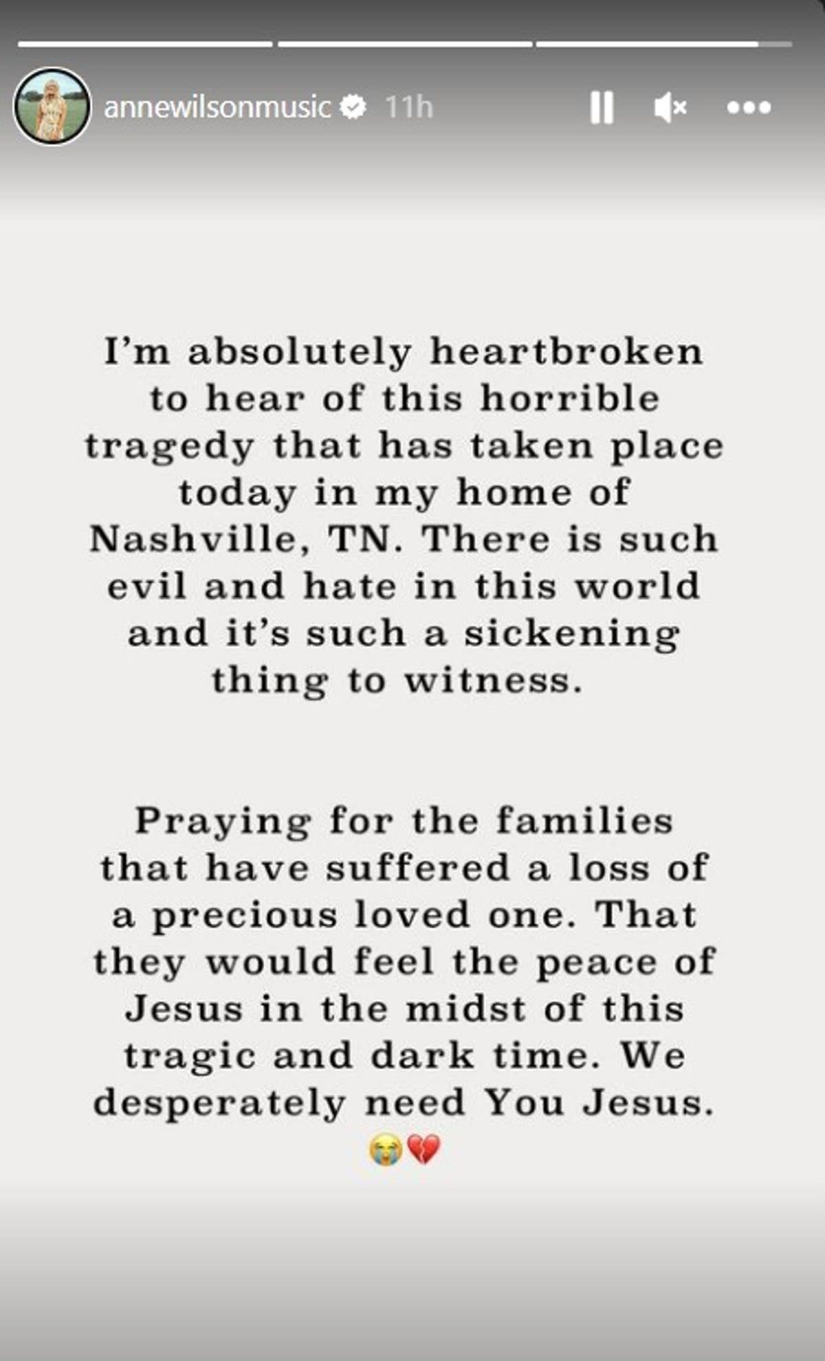 Nashville singer Anne Wilson shares prayers (Instagram)