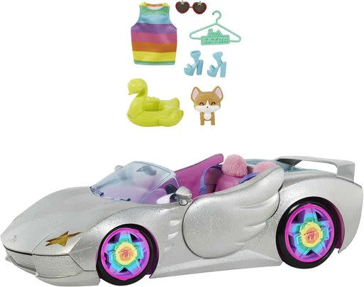 This sparkly silver 2-seater Barbie convertible is now half price.