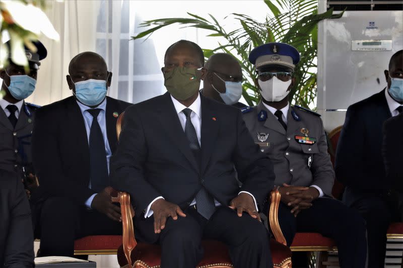 Ivory Coast President Alassane Ouattara attends a national tribute ceremony for dead soldiers, in Abidjan