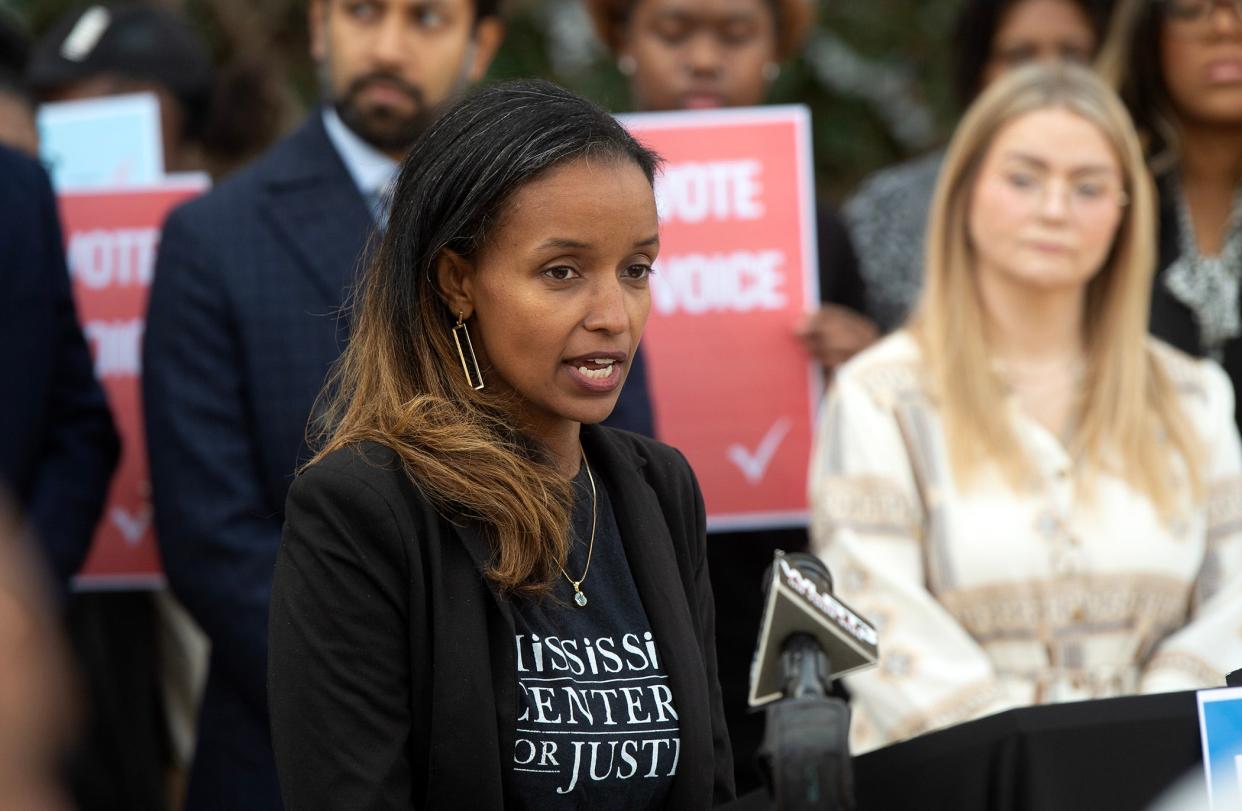 Harya Tarekegn, with the Mississippi Center for Justice, addresses media regarding the voting issues and ballot shortages in the Nov. 7 election during a news conference in Jackson on Thursday.