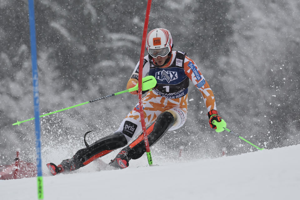 Slovakia's Petra Vlhova speeds down the course during the first run of an alpine ski, women's World Cup slalom race, in Kranjska Gora, Slovenia, Sunday, Jan. 7, 2024. (AP Photo/Marco Trovati)