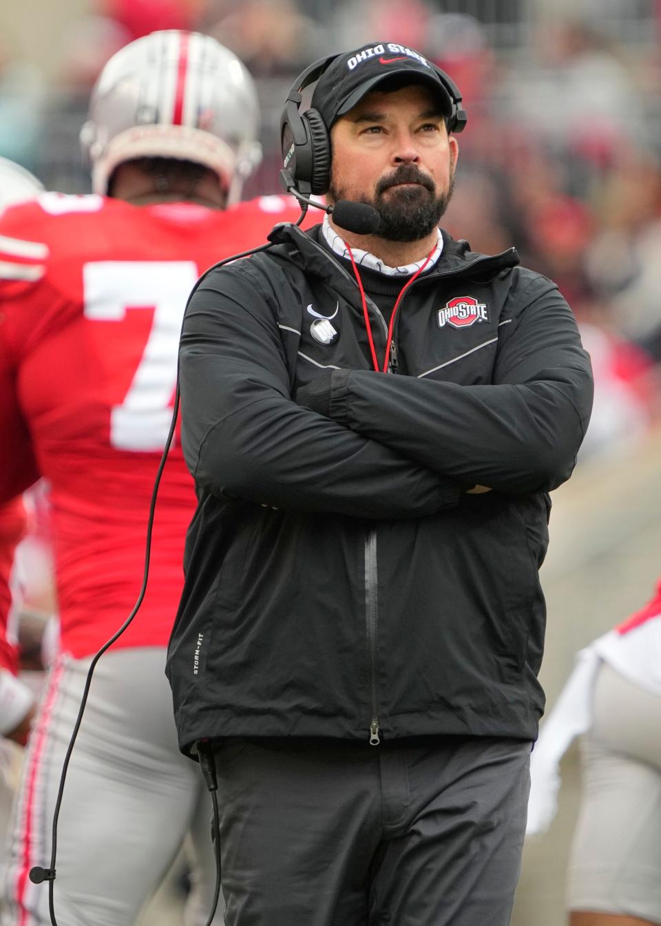 Ohio State Buckeyes head coach Ryan Day watches during the spring football game at Ohio Stadium in Columbus on April 16, 2022.