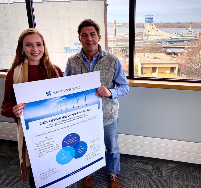 Mayflower Wind employees Kelsey Perry, community liaison officer, and Chris Hardy, external outreach manager, are seen here in the company&#39;s new Fall River office.