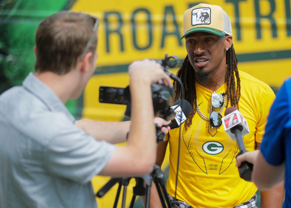 Former Green Bay Packers cornerback Tramon Williams talks during the 2022 Green Bay Packers Road Trip on Thursday at Wausau East High School.