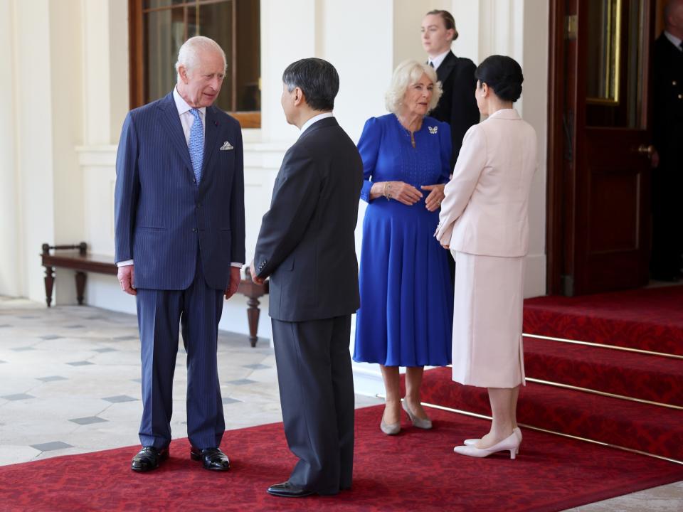 LONDON, ENGLAND - JUNE 27: King Charles III and Queen Camilla speak to Emperor Naruhito and Empress Masako of Japan as they formally bid farewell on the final day of their state visit to the United Kingdom at Buckingham Palace on June 27, 2024 in London, England. (Photo by Chris Jackson/Getty Images)