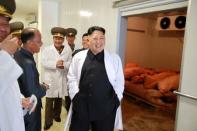 North Korean Leader Kim Jong Un visited the Thaechon Pig Farm of the Air and Anti-Air Force of the Korean People's Army in this undated handout photo by North Korea's Korean Central News Agency (KCNA) made available on April 23, 2017. KCNA/Handout via REUTERS