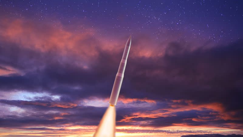 A rendering of an LGM-35 Sentinel missile flying at twilight. Northrop Grumman is helping develop the intercontinental ballistic missile system out of the Roy Innovation Center, a sprawling complex in Roy.