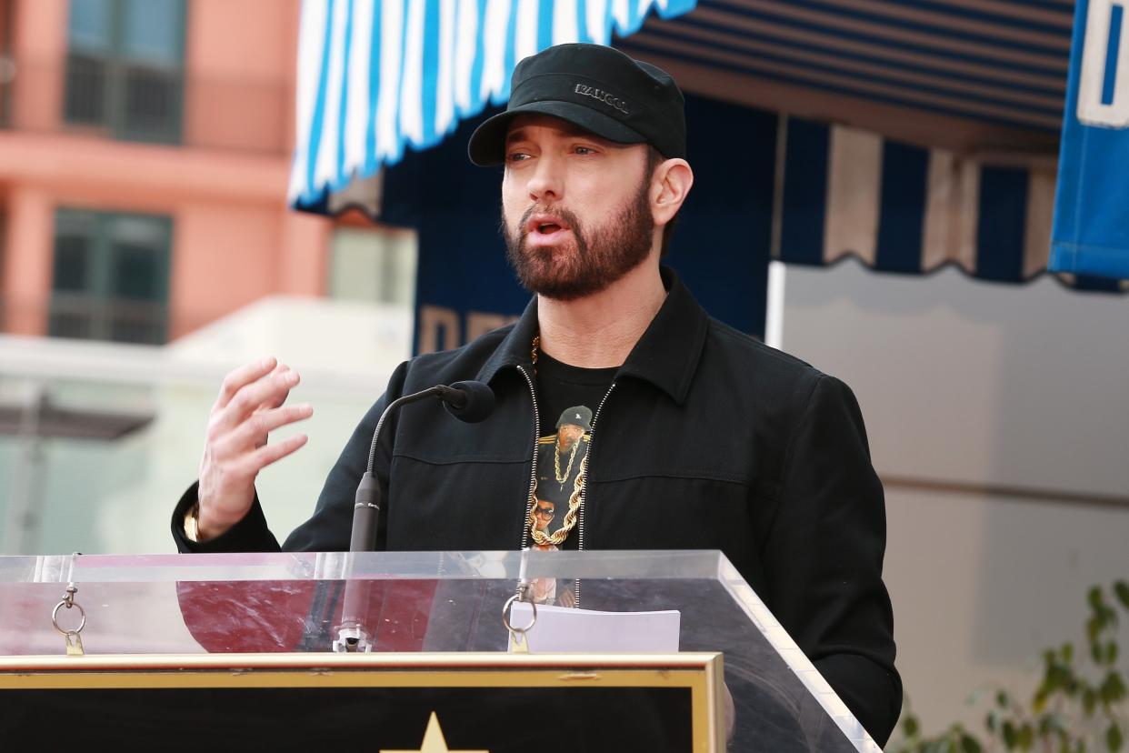 Eminem has endorsed the Biden-Harris ticket by lending his hit song “Lose Yourself” to a new campaign ad. (Getty Images)