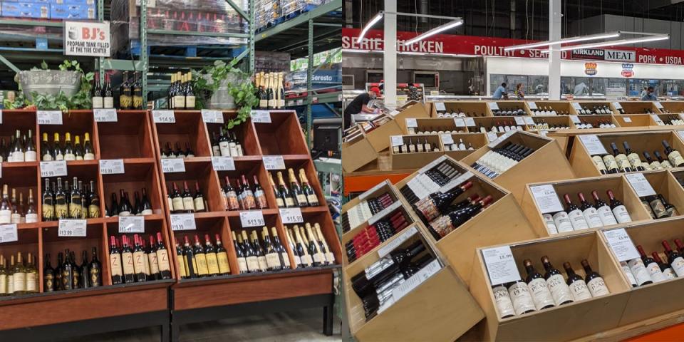 Bottles of wine in wooden display at BJ's and wooden crates in bigger wine section at Costco